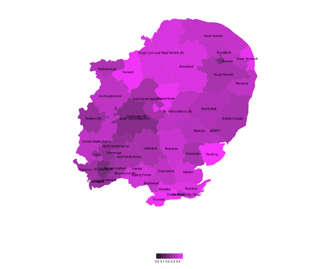 Support for the UKIP  in the European elections, 2014, Eastern region.