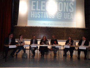 An election hustings organised by the Student Union at UEA, 1 May 2014.