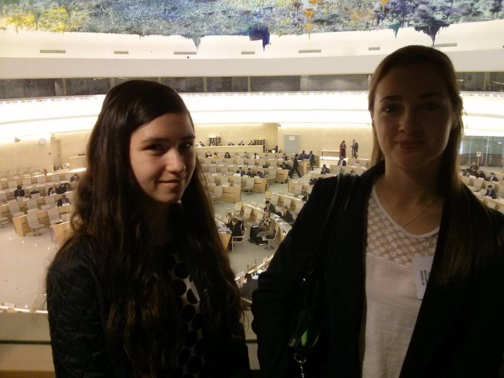 Two University of East Anglia (UEA) international relations students are pictured here at a meeting in Geneva of the UN Human Rights Council.